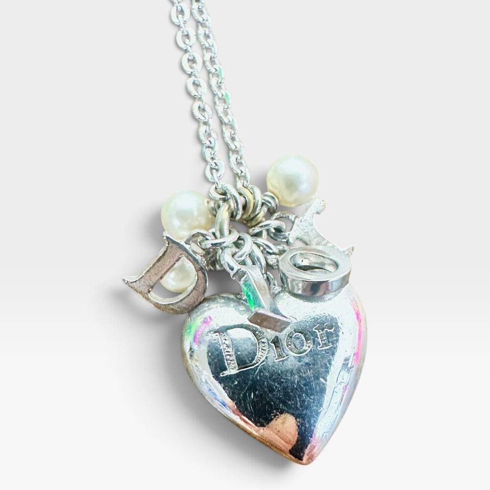 Dior Silver Tone Heart Pendant Pearl Charm Chain Necklace Love Logo Jewelry
